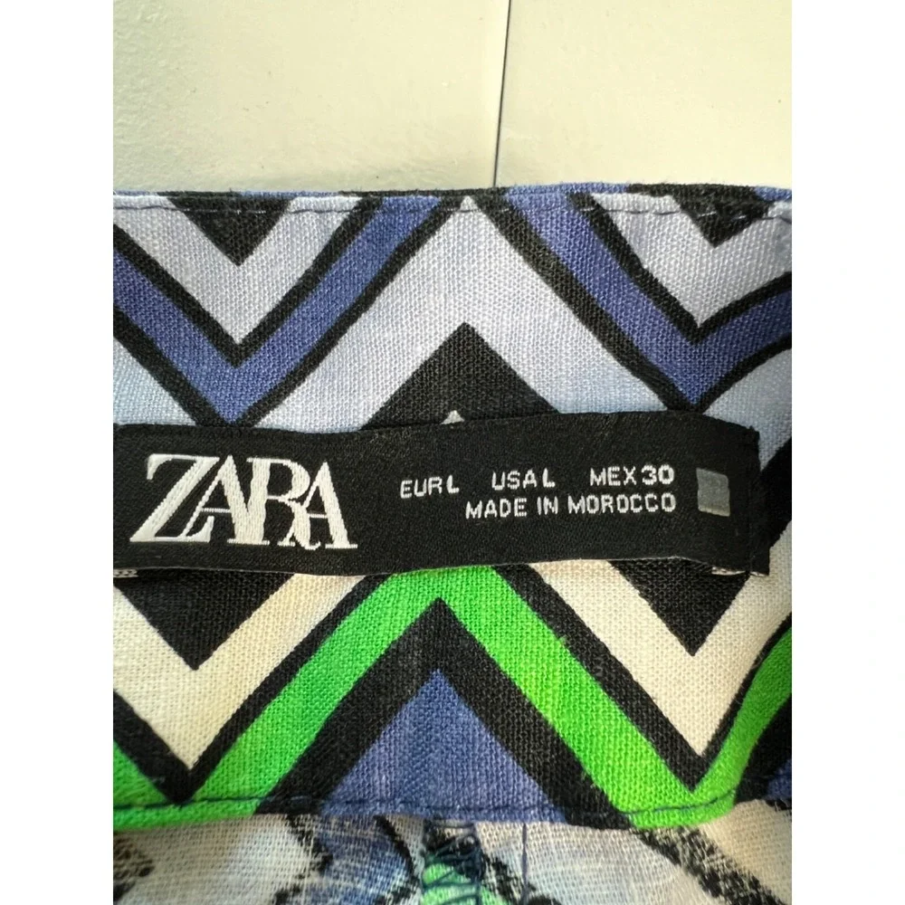 ZARA Linen Blend Cropped‎ Pants ZigZag Print Size Large Retro